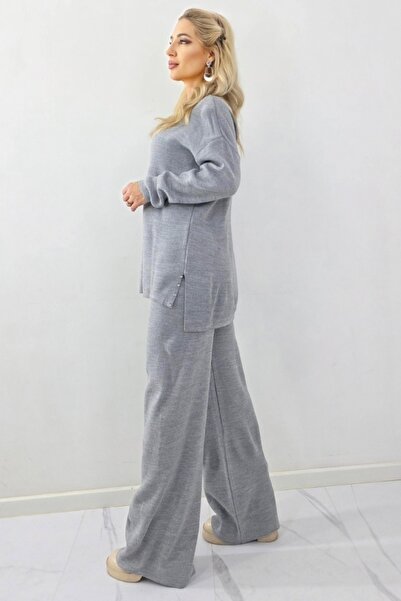 FashionForYou Casual outfit with ELETRA wool, asymmetrical blouse and side crystals, GREY, Size M/L