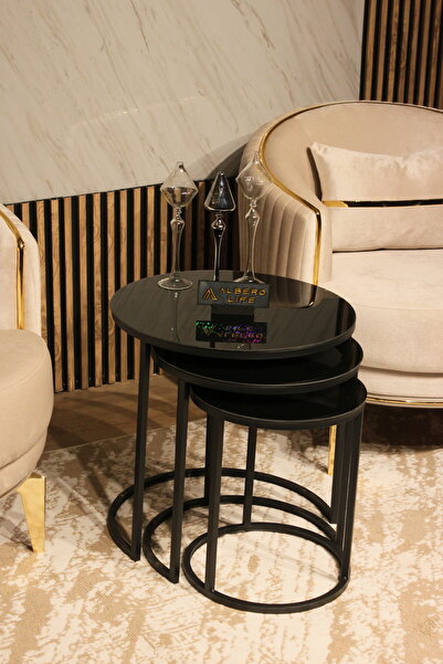 AlberoLife 3'lü Lüx C Zigon Sehpa (KOLAY KURULUM) Siyah Ayak Siyah Kırılmaz Cam