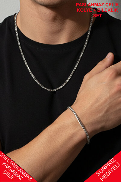 Atolyezone 2 ADET SET 316L PASLANMAZ Zincir Model Titanyum Ithal Kararmaz Çel...