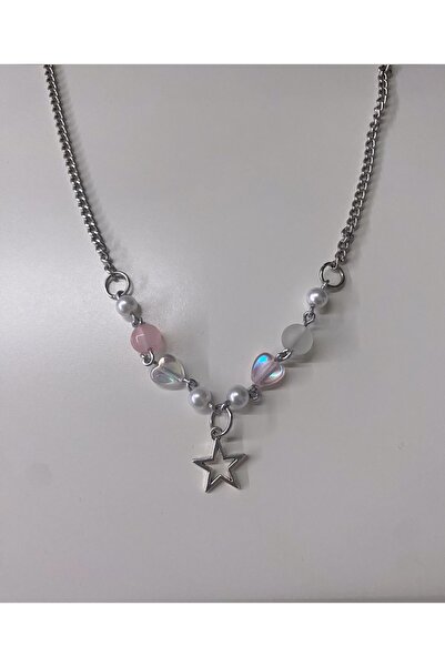 sleyshop Pembe Kuvars Aytaşı Doğaltaş Kalp Boncuklu Yıldız Coquette Y2k Kolye