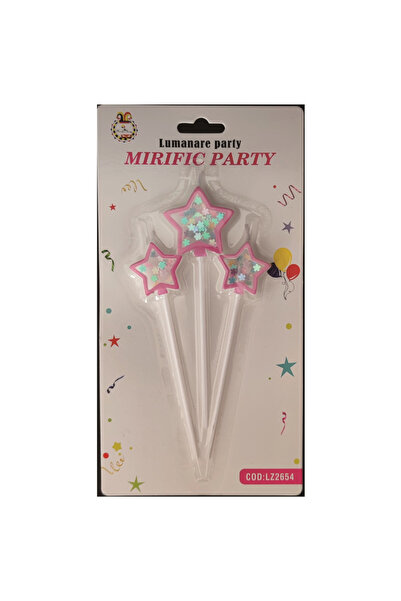 Mirific Party Set de 3 lumânări roz pentru tort, 4 cm, paiete colorate, stea