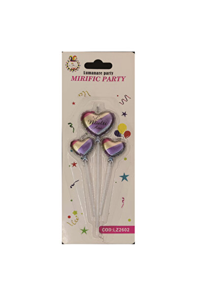 Mirific Party Set of 3 multicolor cake candles, 13 cm, heart, "Happy Birthday"