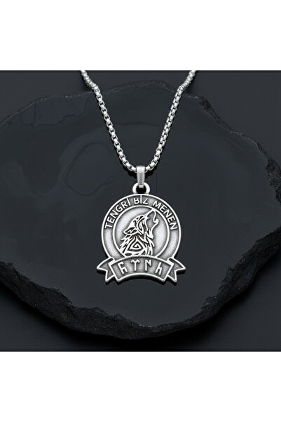 Alooya Tengri Biz Menen Göktürkçe Gümüş Kaplama Örme Zincir Kolye