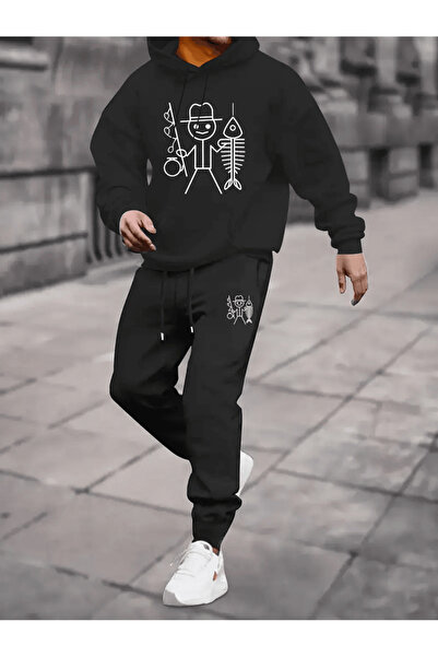 ALEYZA MODA Humorous Fishing Themed Oversized Men's Hoodie Set
