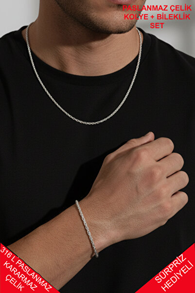 Atolyezone 2 ADET SET 316L PASLANMAZ Halat Model Titanyum Ithal Kararmaz Çelik Erkek Zincir Kolye ve Bileklik