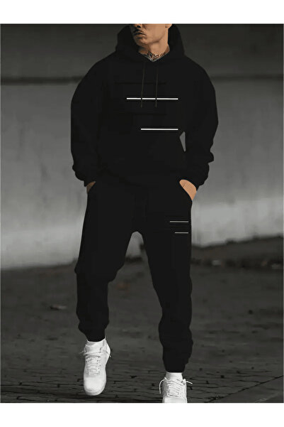 ALEYZA MODA طقم رياضي رجالي بخطوط بسيطة مطبوع بغطاء رأس