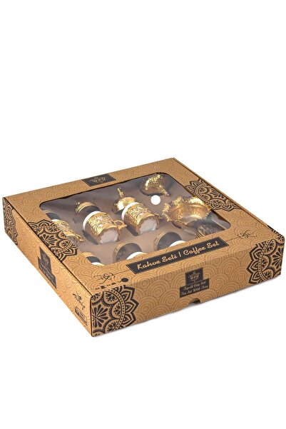 KT HOME Cup Set for 6 People - Copper Ottoman Patterned Turkish Coffee Tray Turkish Delight Cup Coffee Cup Set