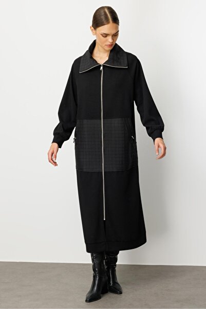 Micca Kare Jakar Kapitone ve Krep Doku Mix Astarlı Mevsimlik Spor Trench Kap-Siyah