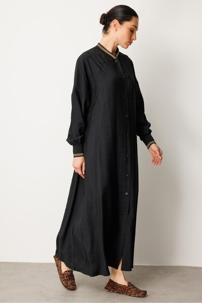 Micca Soft Modal Kol ve Yaka Ribanalı Sade Elbise Kap Ferace-Siyah