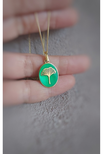 Gaia Jewelry Yeşil Mineli Ginkgo Yaprağı Kolye (Altın Kaplama)