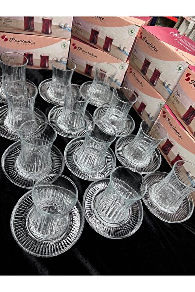 DİBA AVM Elysia Paşabahce Tea Cup Imported Tea Plate Set 24 Pieces -12 Tea Cups 12 Tea Plates