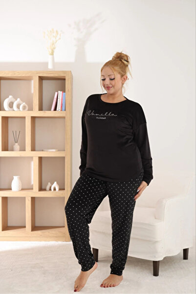 Pijamoni Women's Plus Size Soft Velvet Black Pajama Set
