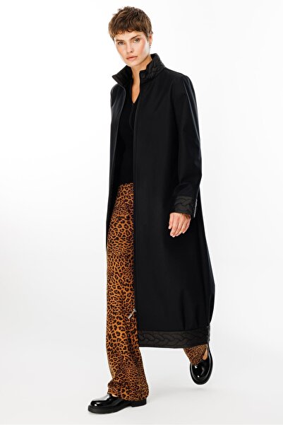 Micca Örgü Desen İşlemeli İçi Polar Kaplı Hafif ve Konforlu Manto Kaban-Siyah