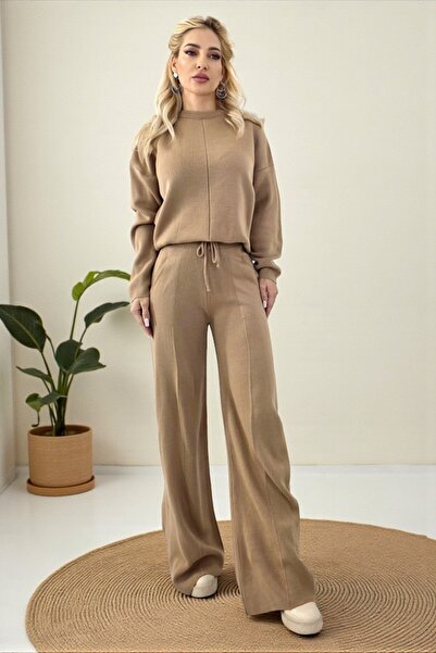 FashionForYou ELETRA wool casual outfit, asymmetrical blouse and side crystals, BEIGE, Size M/L