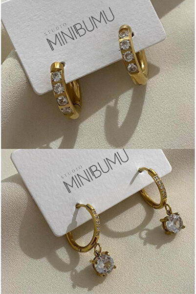 stainless steell 2 Çift Halka & Tek Taşlı Kararmaz Çelik Altın Renkli Küpe Seti