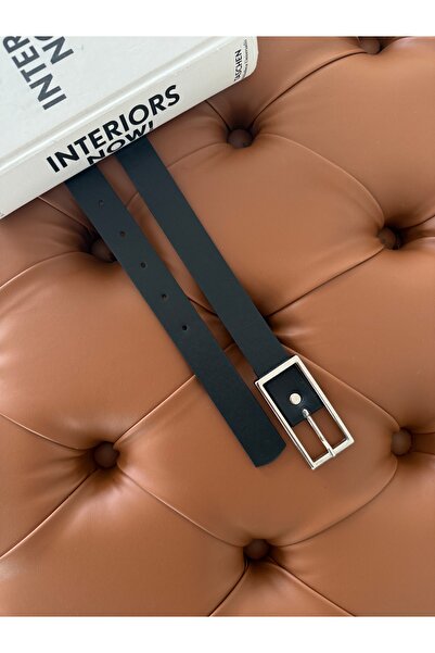 coaksco Women's Silver Long Rectangular Buckle Black Belt