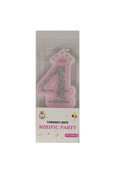 Mirific Party Pink cake candle, silver with glitter, 6 cm, number 4