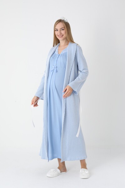 BLACKMORE طقم ثوب نوم نسائي شتوي من القطن بياقة شال زرقاء من الجاكار بطول كام...