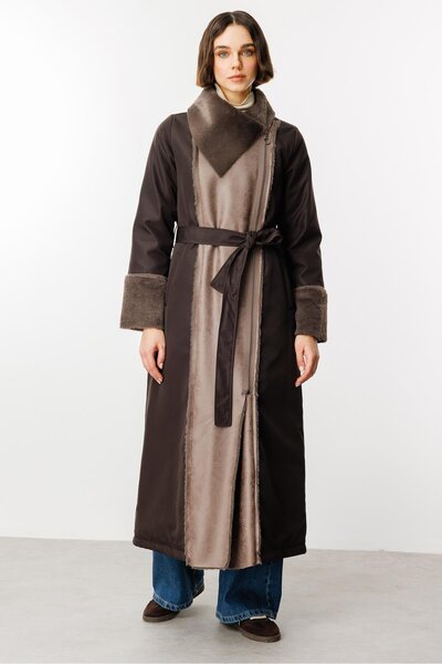 Micca Suni Deri ve Soft Kürk Detaylı Dolgulu Spor Kaban Manto-Kahve