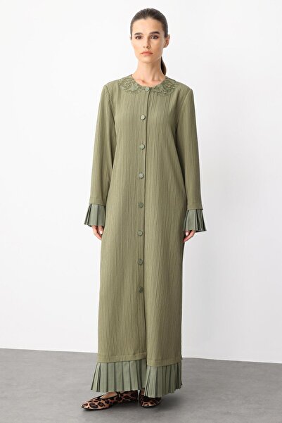 Micca Plise Kol ve Etek Turu Detaylı İşleme Yakalı Özel Dokuma Kumaş Ferace-Haki