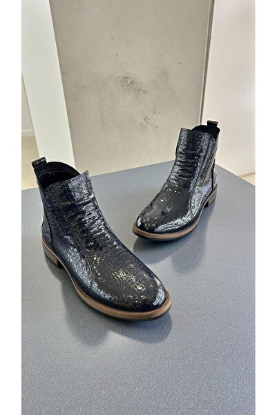 Mammamia D25Kb-8200 Navy Blue Patent Leather Genuine Leather Full Orthopedic Daily Women's Boots