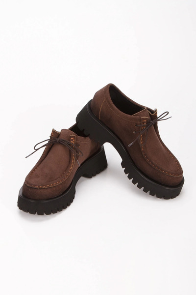 Miss Mitto Women's Brown Suede Lace-Up Detailed Thick Soled Comfortable Loafer Shoes