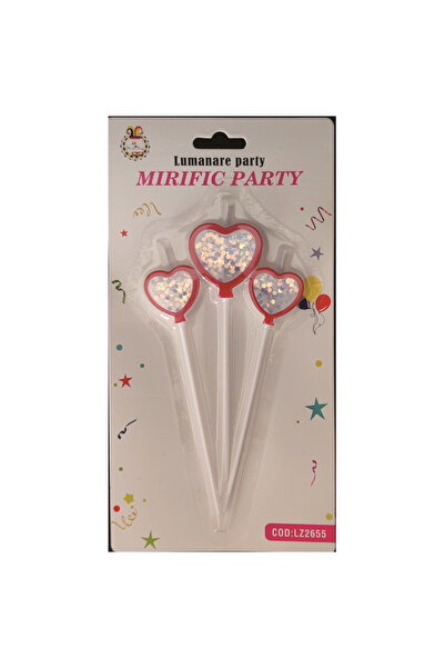 Mirific Party Set of 3 red cake candles with colorful sequins, heart