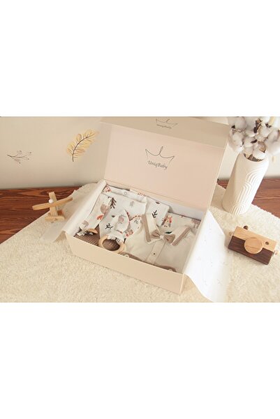 Uniq Baby Orman Desenli %100 Pamuk 7 Parça Erkek Bebek Hediye Kutusu – Pike, Müslin Set ve Papyonlu Tulum