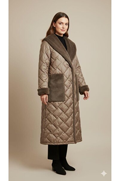 Micca Puff Yaka ve Cep Suni Kürk Detaylı Özel İşleme Soft Dolgu Astarlı Manto Kaban-Vizon