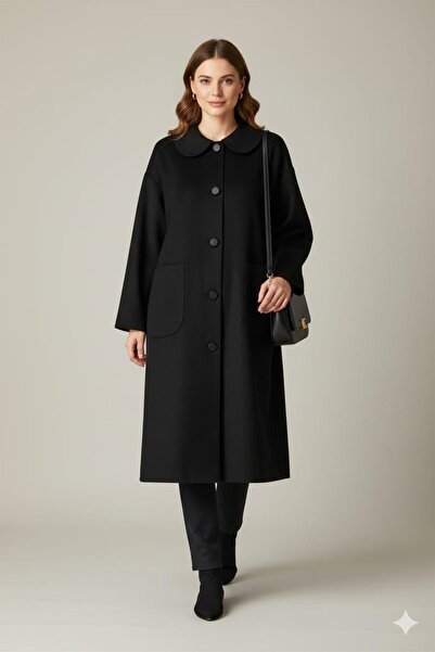 Micca Yün Dokulu Özel Polyviskon Kumaş Astarsız Giy Çık Kap Kaban-Siyah