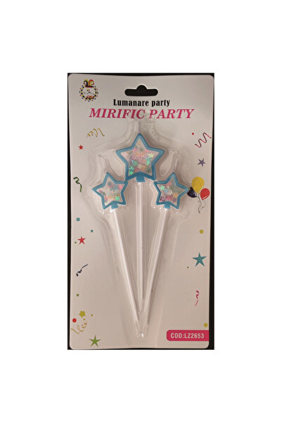 Mirific Party Set of 3 blue cake candles, 4 cm, multicolored sequins, star