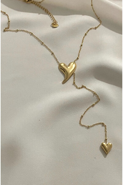 stainless steell Y Şeklinde Kalpli Kararmaz Çelik Altın Renkli Kolye