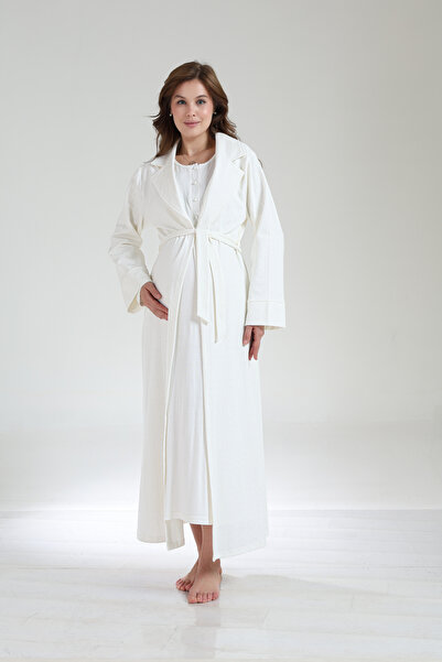 PREGNANT WORLD Women's Ecru Design Winter Long Sleeve Full Length Jacquard Maternity Dressing Gown Nightgown Set