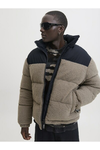 Jack & Jones Men's Gray Jcoflare Teddy Puffer Jacket Coat 12286050-Deserttau