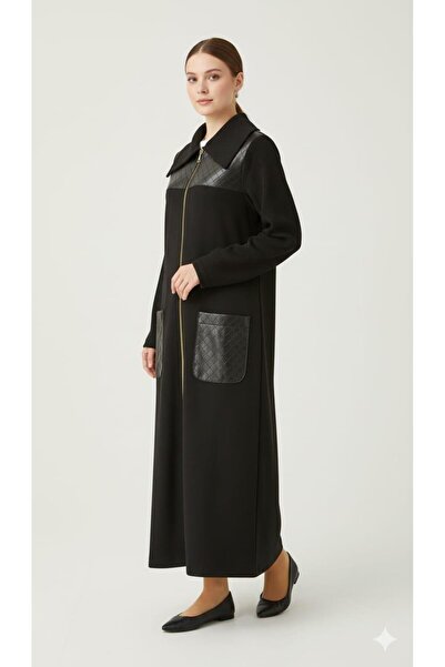Micca Hasır Suni Deri Detaylı Krep Doku Mevsimlik Ferace Kap-Siyah