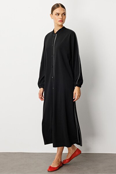 Micca Krep Esnek Doku Bürümcük Garni Detaylı Rahat Kap Ferace-Siyah