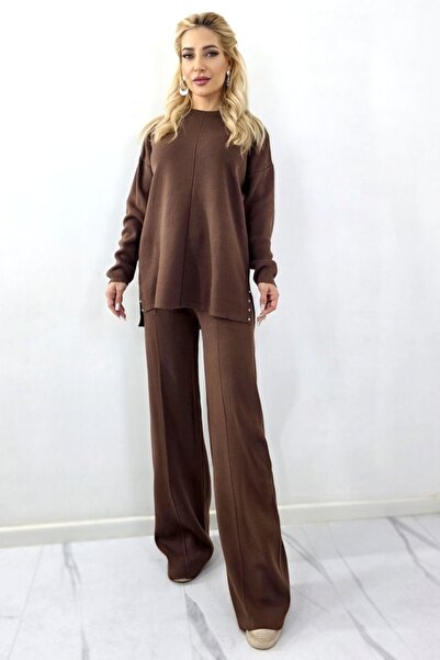 FashionForYou Centered striped suit, ELETRA, pants with pockets and long blouse, Brown, Size M/L