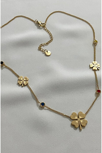 stainless steell Yonca Charm Kararmaz Çelik Altın Renkli Kolye