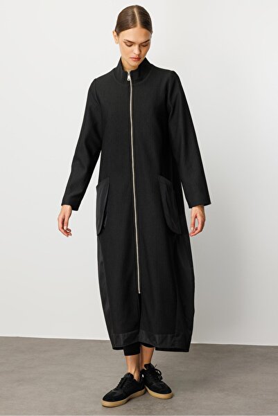 Micca Otto ve Poly Cupra Kumaş Mix Köprülü Cep Detaylı Aatarlı Mevsimlik Trench/Kap-Siyah