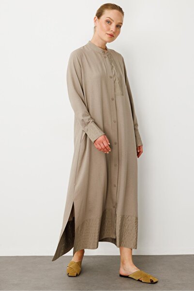 Micca Bant / Dikiş Etek ve Kol Detaylı İpekçe Doku Elbise Kap-Vizon