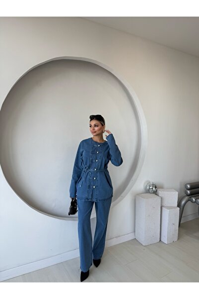 Nsade Ensade Bell Elastic Cuffed Pants-Epaulet Lace-Up Denim Suit