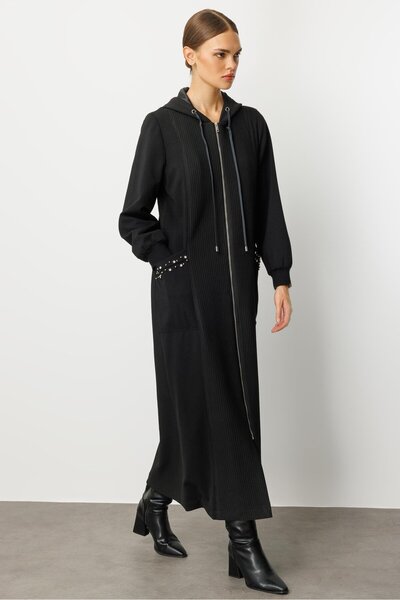 Micca El İşi Detaylı Otto ve Krep Doku Kumaş Spor Zamansız Mevsimlik Trench / Kap-Siyah