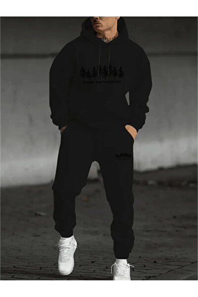 ALEYZA MODA Μινιμαλιστικό αθλητικό ανδρικό σετ φούτερ με θέμα το δάσος