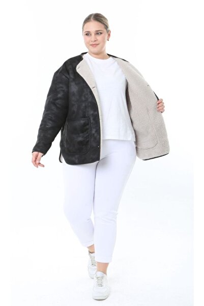 Butik Nilyam Women's Plus Size Button Detailed Inside Lamb Plush Pocket Nubuck Cardigan Jacket 25052