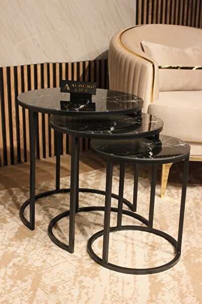 AlberoLife 3'lü Lüx C Zigon Sehpa (KOLAY KURULUM) Siyah Ayak Siyah Beyaz Merm...