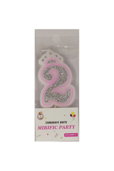 Mirific Party Pink and silver glitter cake candle, 6 cm, number 2
