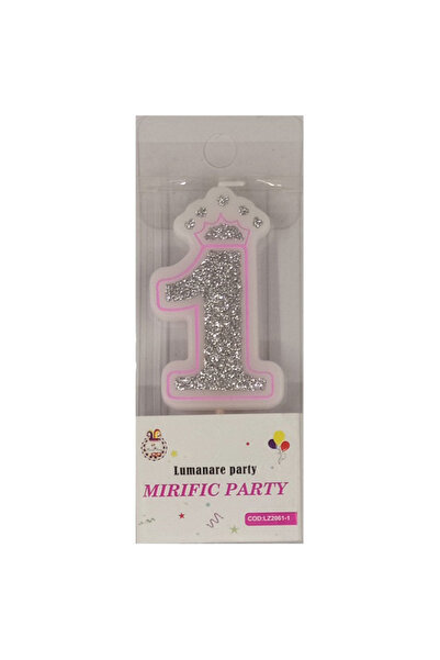 Mirific Party Pink cake candle, silver with glitter, 6 cm, number 1