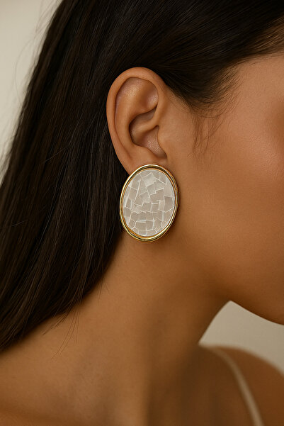 Lanuna Brand Model Gold Framed White Appearance Oval Earrings
