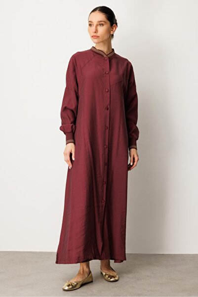 Micca Soft Modal Kol ve Yaka Ribanalı Sade Elbise Kap Ferace-Bordo