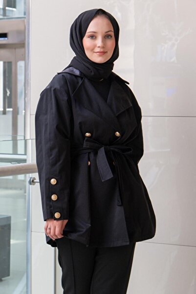 Ghisa Double-Breasted Collared Denim Combination Short Trench Coat